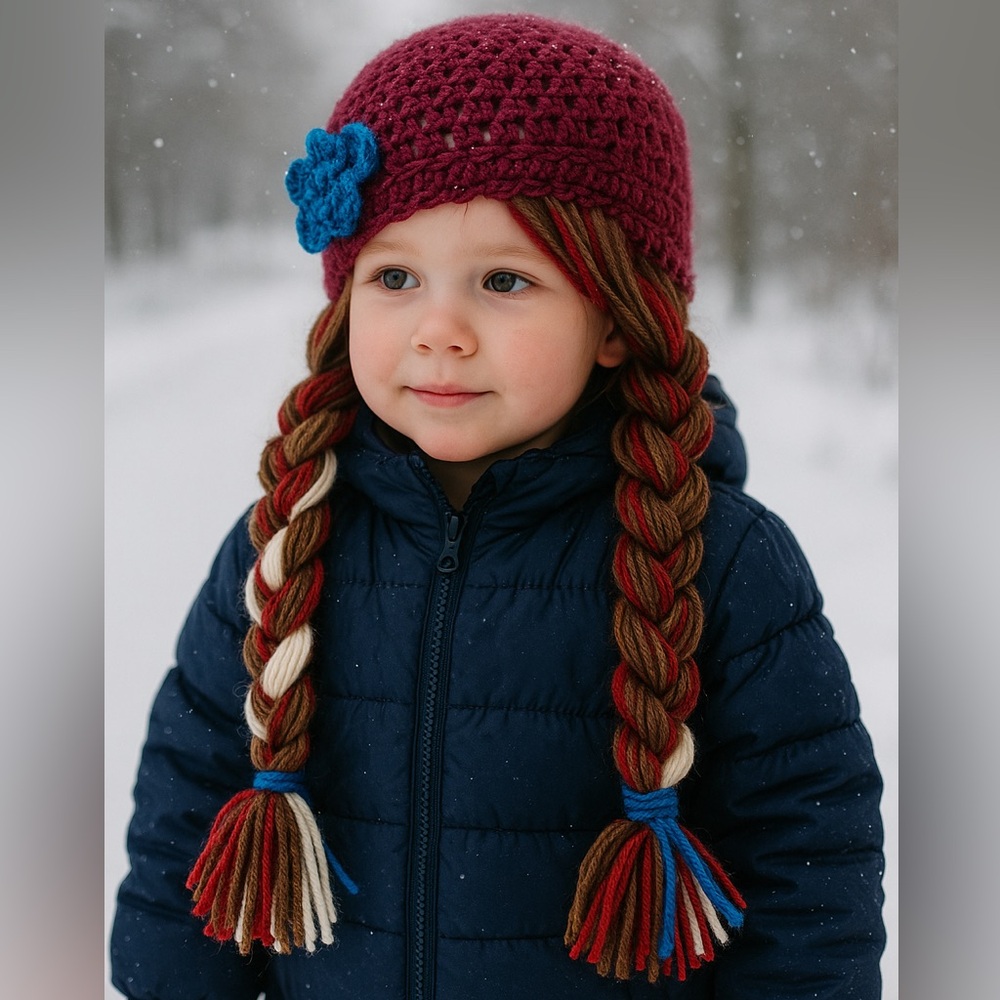 Handmade Crochet Anna-Inspired Hat – Burgundy Beanie with Long Braided Pigtails